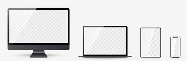 Realistisches Set Aus Computer Laptop Tablet Und Smartphone Gerätebildschirm Attrappe — Stockvektor