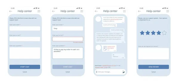Akıllı telefon için Chat robotu penceresi. Diyalog tasarımı destek uygulamasının veya web sitesinin bir parçası olarak kullanılabilir.