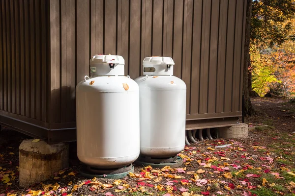 Zwei Propangasflaschen Vor Metallhütte Einem Park Herbst — Stockfoto