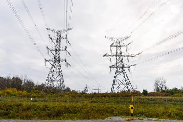 Высоковольтные Столбы Электричества Сельской Местности Онтарио Канада Облачный Осенний День — стоковое фото