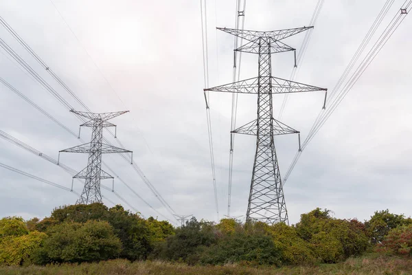 Lange Pylonen Ondersteunen Hoogspanningsleidingen Het Platteland Een Bewolkte Herfstdag Ontario — Stockfoto