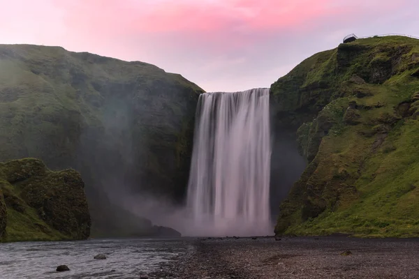 View Majestic Waterfall Dusk Skogafoss Waterfall Iceland — Stock Photo, Image