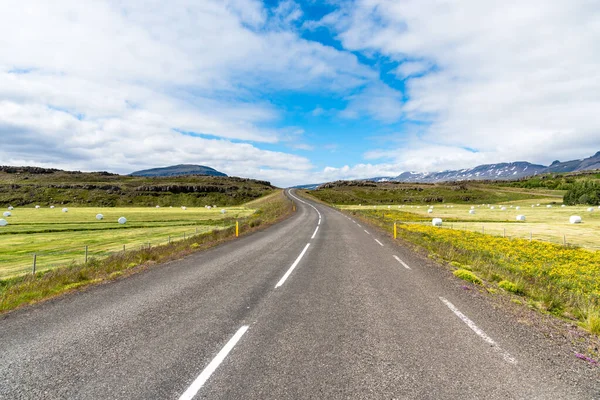 Carretera Serpenteante Entre Campos Salpicados Fardos Heno Envueltos Islandia Día — Foto de Stock