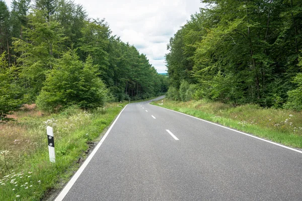 Bulutlu bir yaz gününde Almanya 'nın kırsal kesimlerindeki ağaçlık arazide boş bir yol.