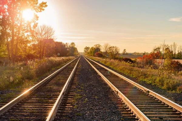 Параллельные Железнодорожные Пути Проходят Сельской Местности Закате Осенью Вспышка Объектива — стоковое фото