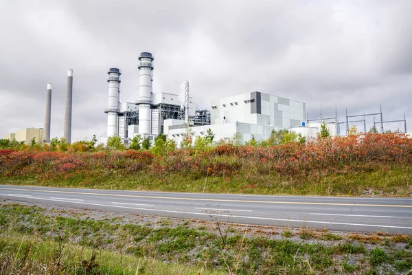 View Natural Gas Power Station Major Road Countryside Cloudy Autumn — Stock Photo, Image