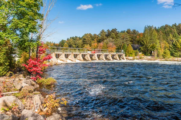 View Small Dam River Forested Banks Sunny Autumn Day Baysville — Stock Photo, Image