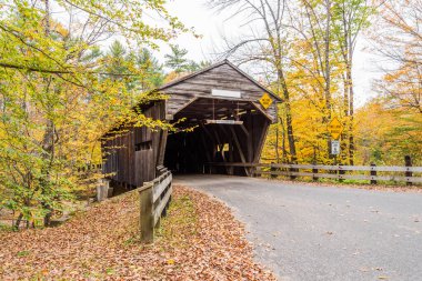 New England 'da bir orman yolu boyunca eski ahşap köprü bulutlu bir sonbahar gününde. Sonbahar renkleri. New Hampshire, ABD.