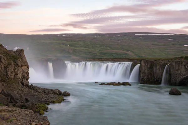 Majestic Godafoss Waterfall Iceland Midnight Sun Light Summer — Stock Photo, Image