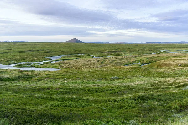 Amplio Valle Verde Luz Del Sol Medianoche Verano Myvatn Islandia — Foto de Stock