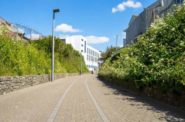 Deserted Cobbled Path Pedestrians Cyclists Lined Lamp Posts Sunny Summer — Stock Photo, Image