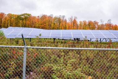 Bulutlu bir günde arka planında renkli sonbahar ağaçları olan Hllside güneş enerjisi santrali. Yenilenebilir enerji kavramı,