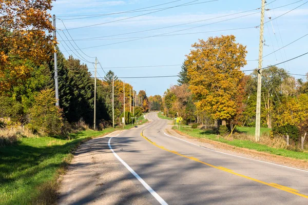 Árboles Otoño Largo Camino Sinuoso Campo Día Soleado Ontario Canadá — Foto de Stock