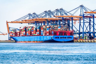 Large container ships being loaded while moored to a commercial dock with tall gantry cranes on a sunny summer day. Port of Rotterdam, the Netherlands.