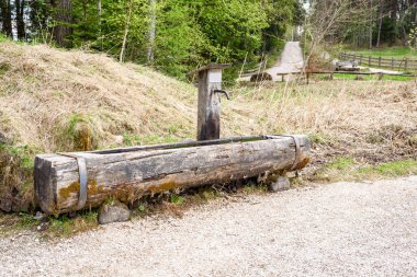 Old dinking fountain with the water basin made with a tree trunk along a gravel path in the mountains