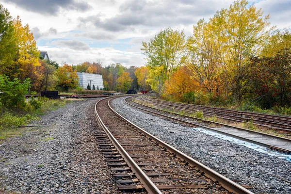 Множество Железнодорожных Путей Выключателей Облачный Осенний День Цветные Осенние Деревья — стоковое фото