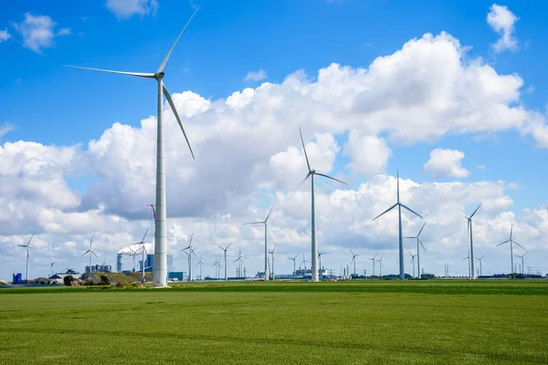 Wind Farm Cultivated Field Fossil Fuel Power Plant Visible Background — Stock Photo, Image