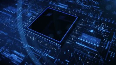Teknolojik anakart elektrik devresi HUD.3D üretildi. Bilgisel dijital elementler. Soyut teknolojik arka plan. Fişekler ve ışık ışınları. Tip 2.