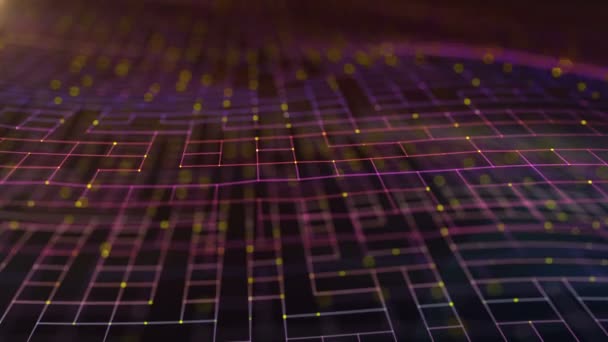 波浪技術HUDアニメーション概要技術の背景幾何学的な線と点インターネットの世界的な接続とデータの転送概念デジタルサイエンスFiサイバー空間HUDアニメーション. — ストック動画