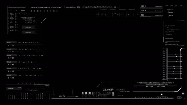 テクノロジーユーザーインターフェイスとファインダーデータ表示Sci Fi HUDフレームコントロールパネルHUD技術情報アルファルマチャンネルの黒の背景. — ストック動画