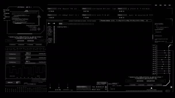 Technologia Interfejs użytkownika i wyświetlacz danych z wizjera Panel sterowania Infografika technologiczna HUD Czarny tło dla kanału alfa-luma. — Wideo stockowe