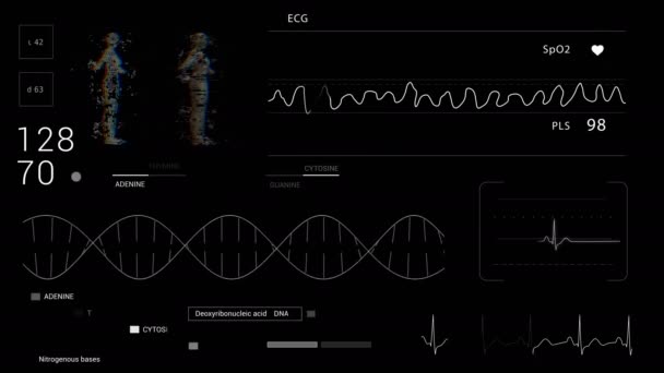 Technológiai HUD orvostudományért és tudományért.3D human.DNA.Cardiogram monitor. — Stock videók