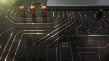 Soyut Teknolojik anakart elektrik devresi HUD.Lateral kamera 2D ve 3D üretildi. Veri elektronik impuls aktarılıyor. Bilgi dijital elementler. Soyut teknolojik arkaplan.