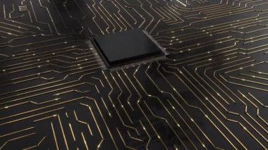 Teknolojik ana kart 3D elektrik devresi oluşturuldu. Veri elektronik impuls aktarılıyor. Bilgi dijital elementler. Soyut teknolojik arkaplan.