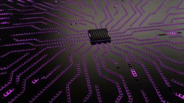 Parlak elektronik impulslu devre kartı. Teknolojik ana kart 3D elektrik devresi oluşturuldu. Veri elektronik impulsları aktarılıyor. Soyut teknolojik arkaplan.