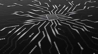 Devre levhası metalik animasyon kamera rotasyonu Teknolojik anakart elektrik devresi 3D üretildi. Veri elektronik impulu aktarılıyor. Soyut teknolojik arkaplan.