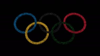 Çin, Pekin-24 Ocak 2022: Olimpiyat sembolü. Şeffaf arkaplanda Olimpiyat Oyunları 'nın beş halkalı sembolü. Renkli. Parçacıklar canlandırılmış..