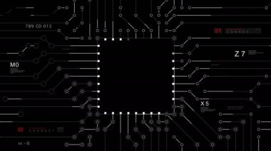 Teknoloji Bağlantıları HUD canlandırması. Logo 'yu Yerleştir. Teknolojik ana kart elektrik devresi HUD ve programlama metni ve bilgi elemanları. Alfa kanalı için siyah arkaplan.