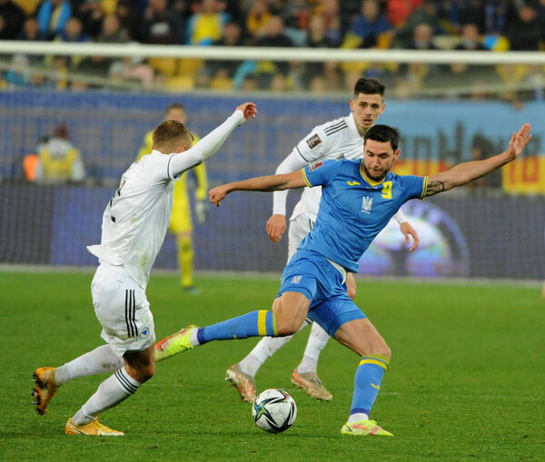 Roman Yaremchuk (9) of Ukraine in action during the FIFA World Cup Qatar 2022 qualification Group D football match between Ukraine vs Bosnia and Herzegovina at the Lviv Arena in Lviv, Ukraine. 