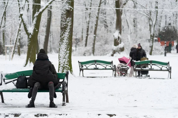 Lviv Ukrayna Aralık 2021 Çift Kar Kaplı Parkta Bankta Oturuyor — Stok fotoğraf