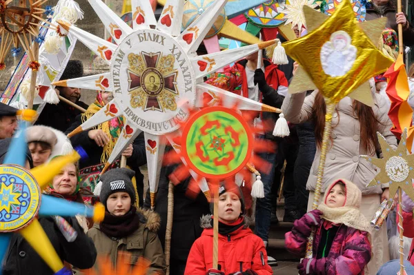 Lviv Ukraine January 2022 Children Hold Stars Procession Zvizdari Christmas —  Fotos de Stock