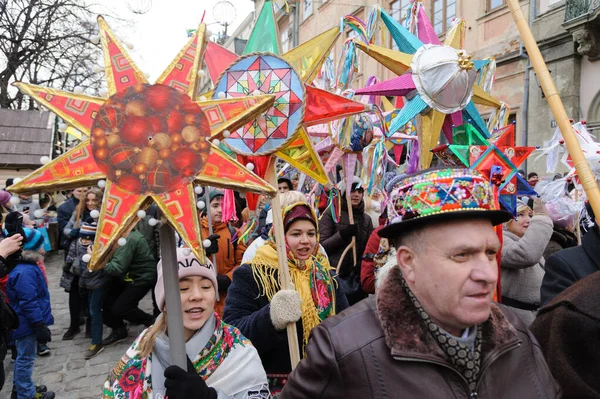 Lviv Ukraine January 2022 Procession Zvizdari Christmas Star Carriers Held —  Fotos de Stock