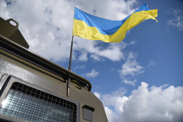 Ukrainian flag waves during a joint military exercise Rapid Trident 2019 at a at the International Center for Peacekeeping and Security of the National Academy of Land Forces near Lviv.