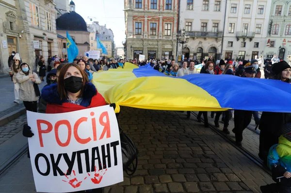 Lviv Ukraina Februari 2022 Ukrainare Deltar Unity March För Ukraina Royaltyfria Stockfoton