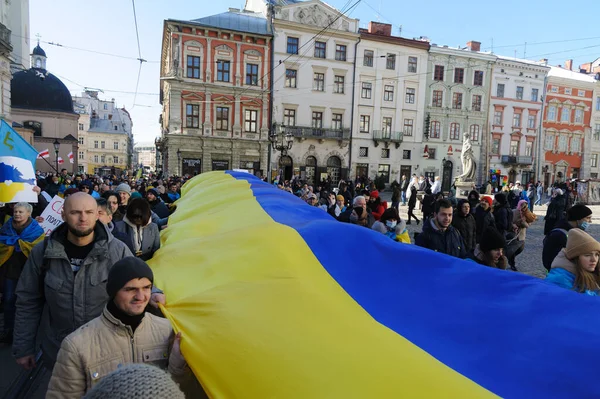 Lviv Ukraina Februari 2022 Ukrainare Deltar Unity March För Ukraina Stockbild
