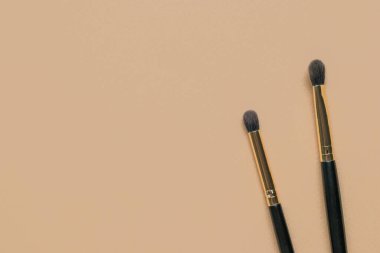 Açık bej arka planda iki makyaj fırçası. Şık kadın kozmetikleri..