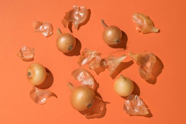 Turuncu arka planda taze soğan ve soğan kabukları. Sonbahar hasadı. Mesaj için yer var. Düz yatıyordu.