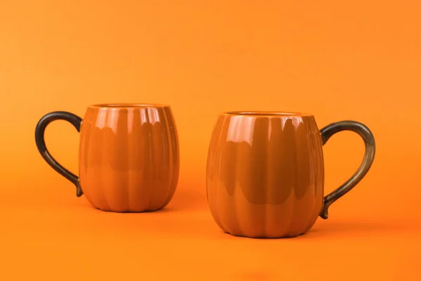Two Orange Pumpkin Shaped Mugs Orange Background Pumpkin Style — Stock Photo, Image