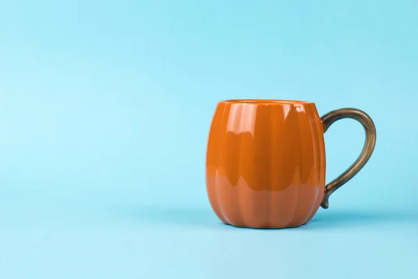 Bright Orange Pumpkin Shaped Coffee Mug Blue Background Pumpkin Style — Stock Photo, Image