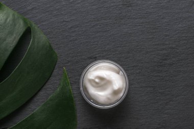 Bir yaprak canavar ve bir kavanoz krema. Doğal kozmetik ürünleri ve ilaçlar düzdü..