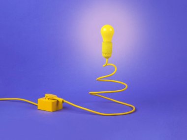 Yeni yıl konsepti. Minimalizm. Lamba ve kablo, mor bir arka plandaki ana boruya bağlı bir Noel ağacı şeklinde. Çağdaş sanat. Metin için yer.