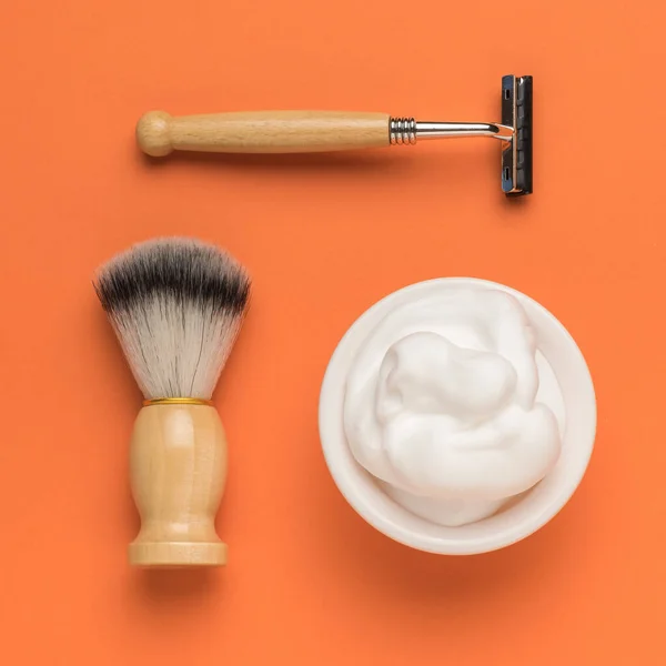 Shaving Accessories Made Natural Materials Orange Background Men Accessories Appearance — Stock Photo, Image
