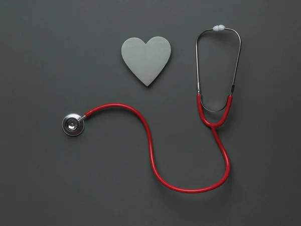 Red Stethoscope Gray Wooden Heart Dark Gray Background Concept Medical — Stock Photo, Image