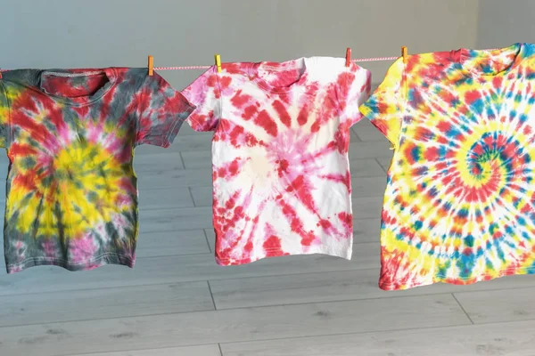 Tie Dye Style Shirts Hung Clothesline Making Clothes Home Flat — Fotografia de Stock