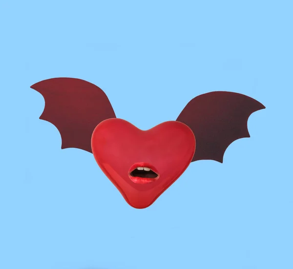 Modern Collage Heart Bat Wings Bright Lips Concept Love — Stockfoto