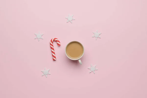 Cup Coffee Red White Candy Pastel Background Snowflakes Concept Winter — Foto de Stock